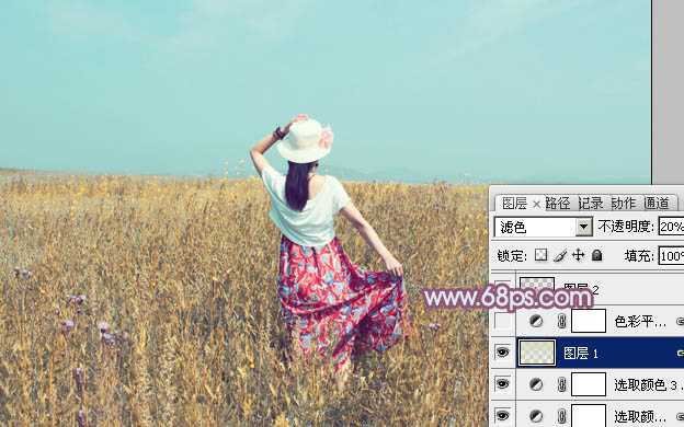 ‘Photoshop为草原人物调制出淡雅的秋季青黄色‘
