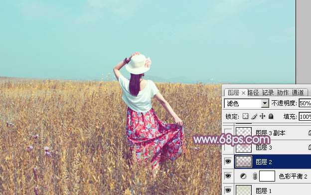 ‘Photoshop为草原人物调制出淡雅的秋季青黄色‘
