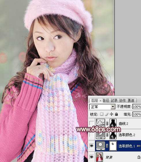 ‘Photoshop将冬季美女图片加上淡紫蜜糖色效果‘