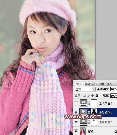‘Photoshop将冬季美女图片加上淡紫蜜糖色效果‘