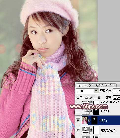 ‘Photoshop将冬季美女图片加上淡紫蜜糖色效果‘
