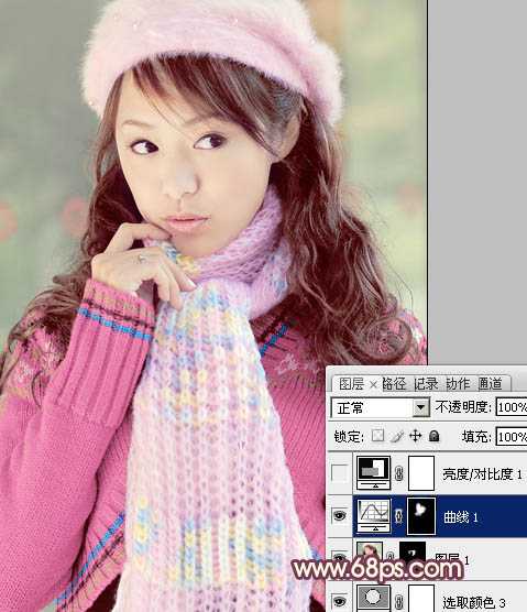 ‘Photoshop将冬季美女图片加上淡紫蜜糖色效果‘
