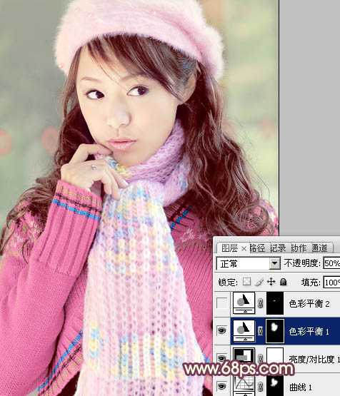 ‘Photoshop将冬季美女图片加上淡紫蜜糖色效果‘