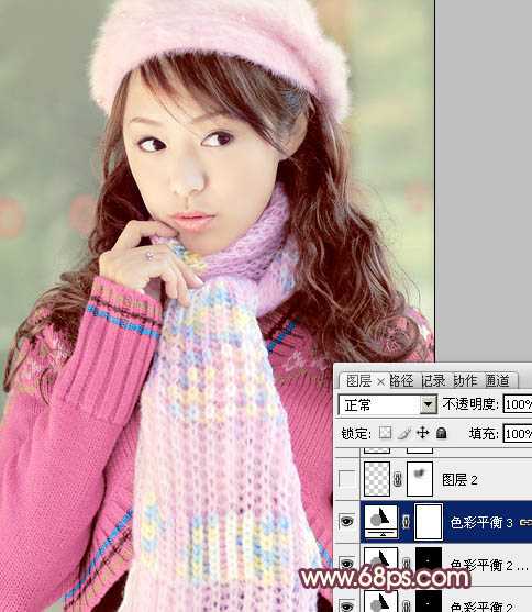 ‘Photoshop将冬季美女图片加上淡紫蜜糖色效果‘