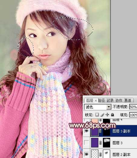 ‘Photoshop将冬季美女图片加上淡紫蜜糖色效果‘