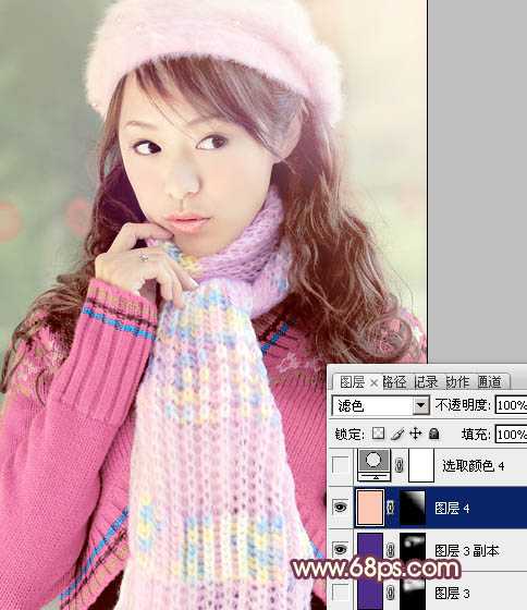‘Photoshop将冬季美女图片加上淡紫蜜糖色效果‘