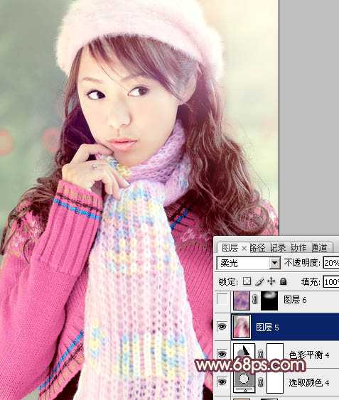 ‘Photoshop将冬季美女图片加上淡紫蜜糖色效果‘
