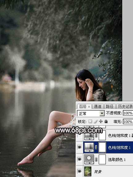 ‘Photoshop调出暗调古典冷褐色水边的美女图片‘