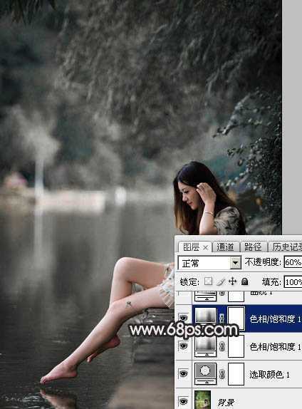 ‘Photoshop调出暗调古典冷褐色水边的美女图片‘