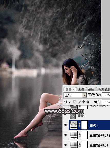 ‘Photoshop调出暗调古典冷褐色水边的美女图片‘