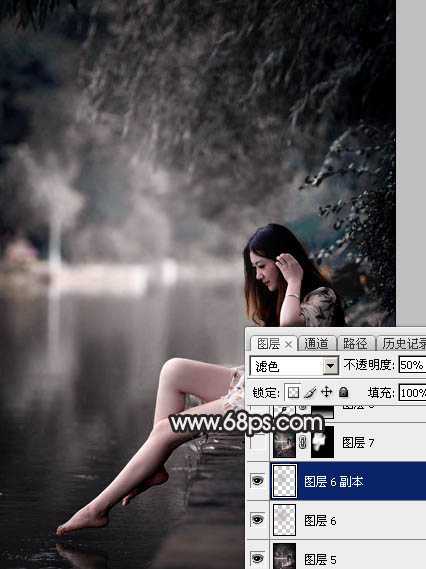 ‘Photoshop调出暗调古典冷褐色水边的美女图片‘