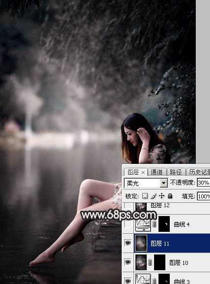 ‘Photoshop调出暗调古典冷褐色水边的美女图片‘