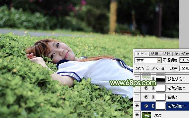 ‘Photoshop将草地上的美女图片增加唯美的春季粉绿色‘