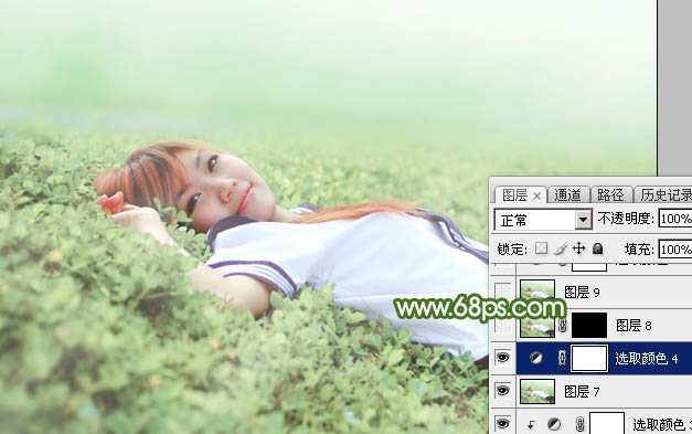 ‘Photoshop将草地上的美女图片增加唯美的春季粉绿色‘
