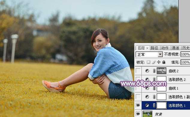 ‘Photoshop将草地上的美女打造甜美的淡调蓝黄色‘