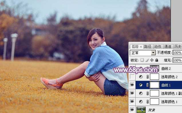 ‘Photoshop将草地上的美女打造甜美的淡调蓝黄色‘
