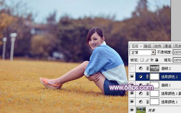 ‘Photoshop将草地上的美女打造甜美的淡调蓝黄色‘