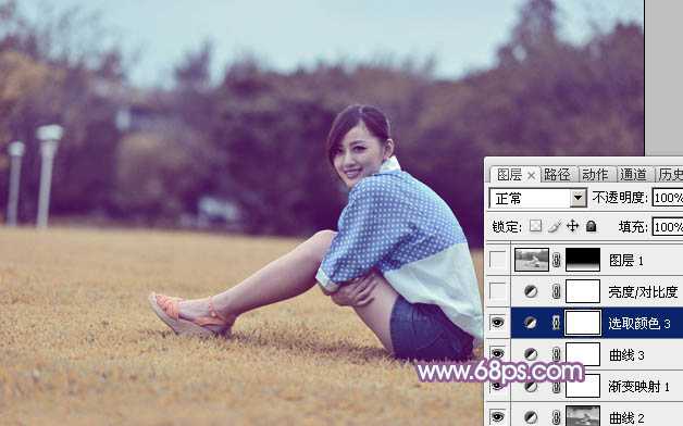 ‘Photoshop将草地上的美女打造甜美的淡调蓝黄色‘