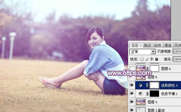 ‘Photoshop将草地上的美女打造甜美的淡调蓝黄色‘