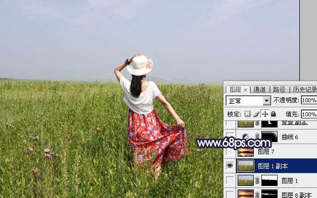 ‘Photoshop将草原人物图片增加大气的霞光效果‘