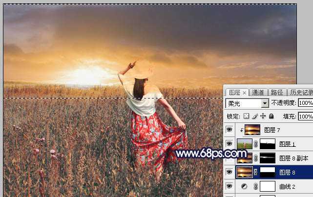‘Photoshop将草原人物图片增加大气的霞光效果‘