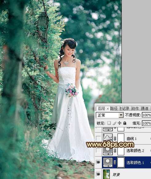 ‘Photoshop将树林美女图片调制出甜美的粉绿色效果‘