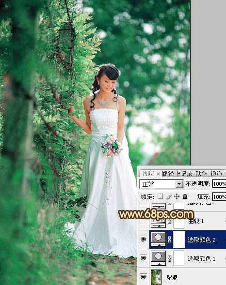 ‘Photoshop将树林美女图片调制出甜美的粉绿色效果‘