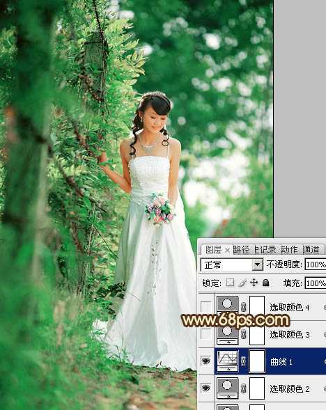 ‘Photoshop将树林美女图片调制出甜美的粉绿色效果‘