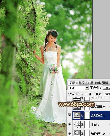 ‘Photoshop将树林美女图片调制出甜美的粉绿色效果‘