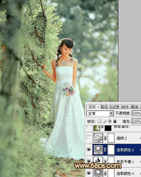‘Photoshop将树林美女图片调制出甜美的粉绿色效果‘