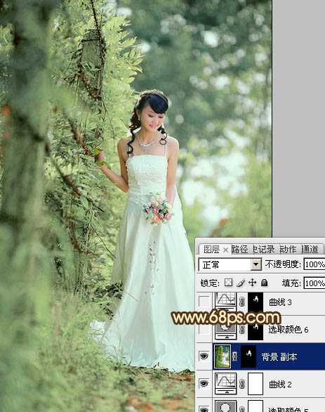 ‘Photoshop将树林美女图片调制出甜美的粉绿色效果‘