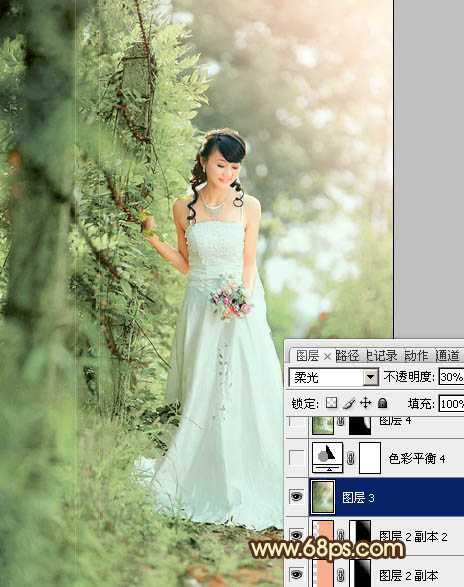 ‘Photoshop将树林美女图片调制出甜美的粉绿色效果‘