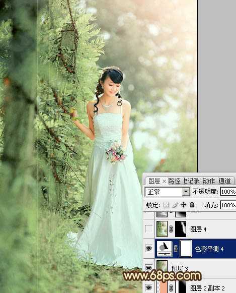 ‘Photoshop将树林美女图片调制出甜美的粉绿色效果‘