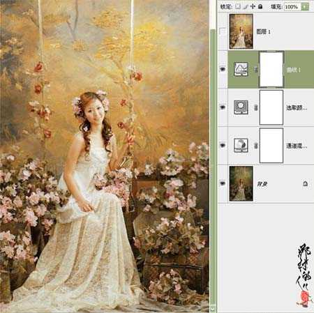 ‘ps宽出调出坐在花环秋千上的漂亮女生亮色效果‘