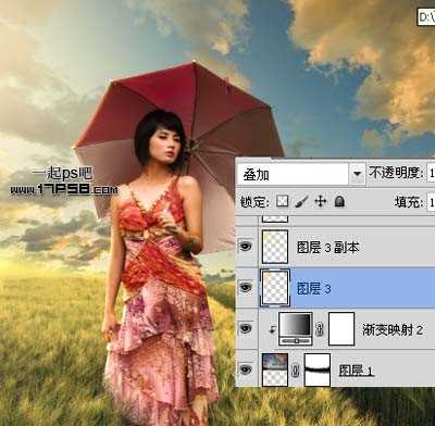 ‘photoshop合成美女走在草原上的夏天场景‘