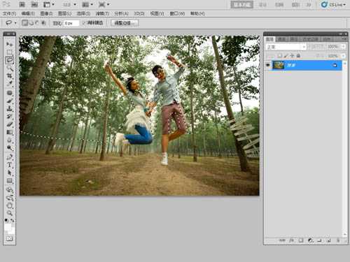 ‘Photoshop将泛白的树林人物图片调制出蓝色天空效果‘