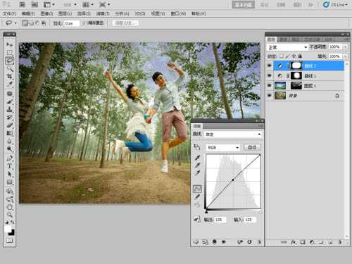 ‘Photoshop将泛白的树林人物图片调制出蓝色天空效果‘