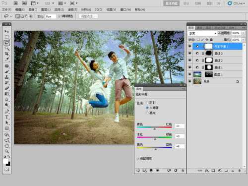 ‘Photoshop将泛白的树林人物图片调制出蓝色天空效果‘