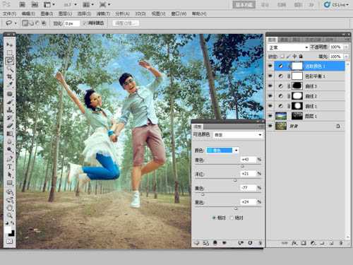 ‘Photoshop将泛白的树林人物图片调制出蓝色天空效果‘