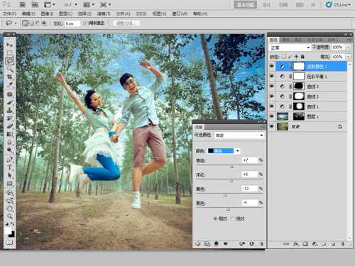 ‘Photoshop将泛白的树林人物图片调制出蓝色天空效果‘