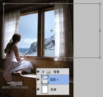 ‘photoshop合成美女临窗观看梦幻般的外景‘