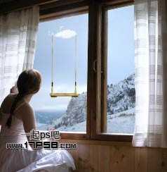 ‘photoshop合成美女临窗观看梦幻般的外景‘