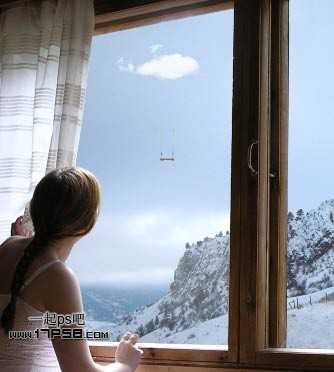 ‘photoshop合成美女临窗观看梦幻般的外景‘