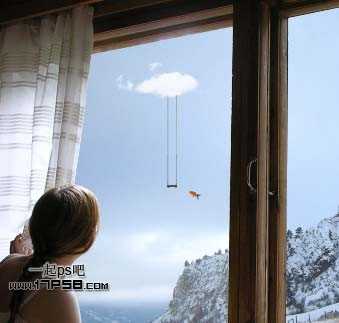 ‘photoshop合成美女临窗观看梦幻般的外景‘