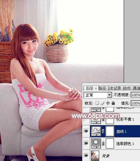 ‘Photoshop为室内美女图片增加柔美的淡调紫褐色‘