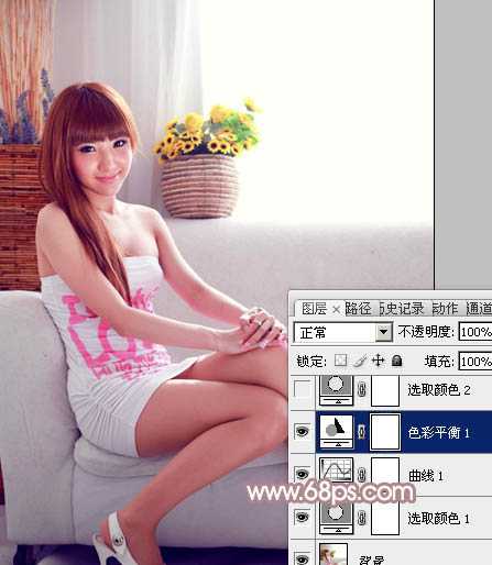‘Photoshop为室内美女图片增加柔美的淡调紫褐色‘