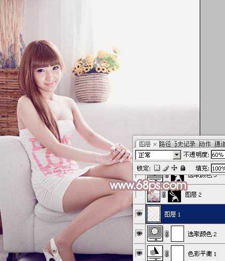 ‘Photoshop为室内美女图片增加柔美的淡调紫褐色‘