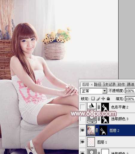 ‘Photoshop为室内美女图片增加柔美的淡调紫褐色‘