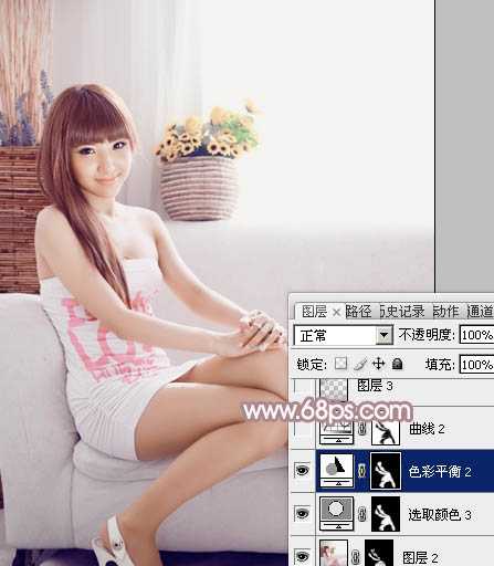 ‘Photoshop为室内美女图片增加柔美的淡调紫褐色‘