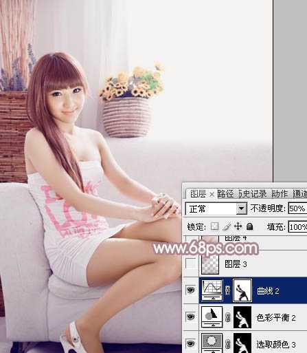 ‘Photoshop为室内美女图片增加柔美的淡调紫褐色‘